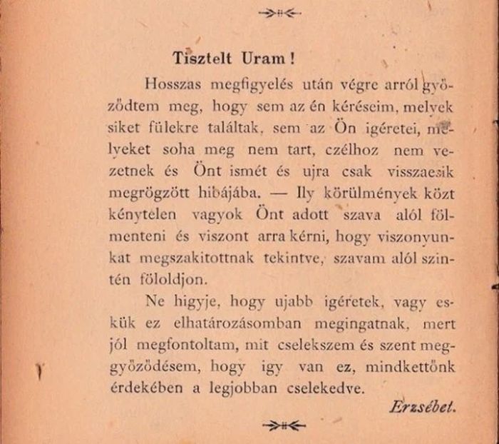 Udvarias szakító levél a 19. századból